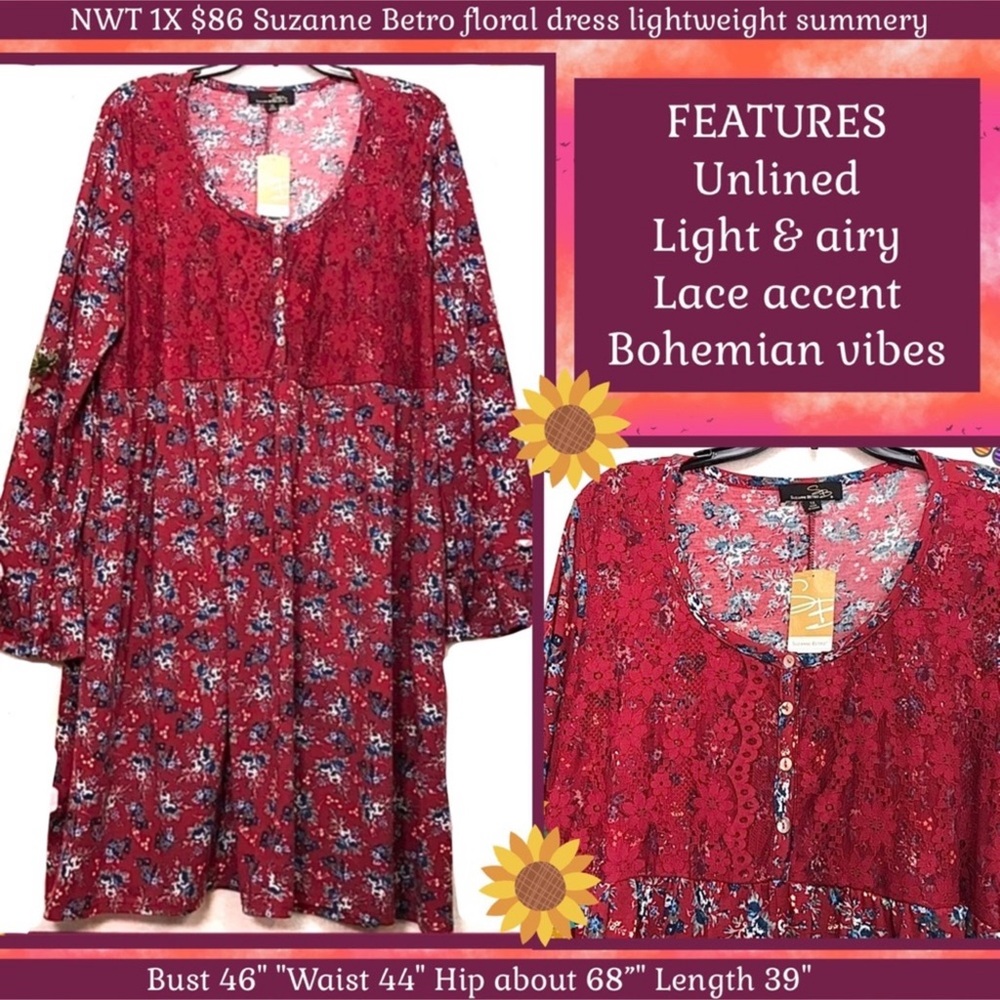 NWT $86 1X SUZANNE BETRO BOHO FLORAL BURGUNDY LIGHTWEIGHT SWINGY DRESS